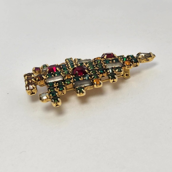 Vintage Weiss 5 Candle Rhinestone Christmas Tree Brooch Pin Gold Tone Holiday - Picture 3 of 10